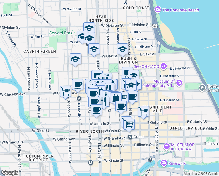 map of restaurants, bars, coffee shops, grocery stores, and more near in Chicago