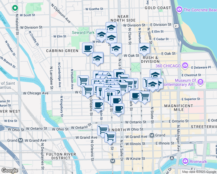map of restaurants, bars, coffee shops, grocery stores, and more near 201 West Chicago Avenue in Chicago
