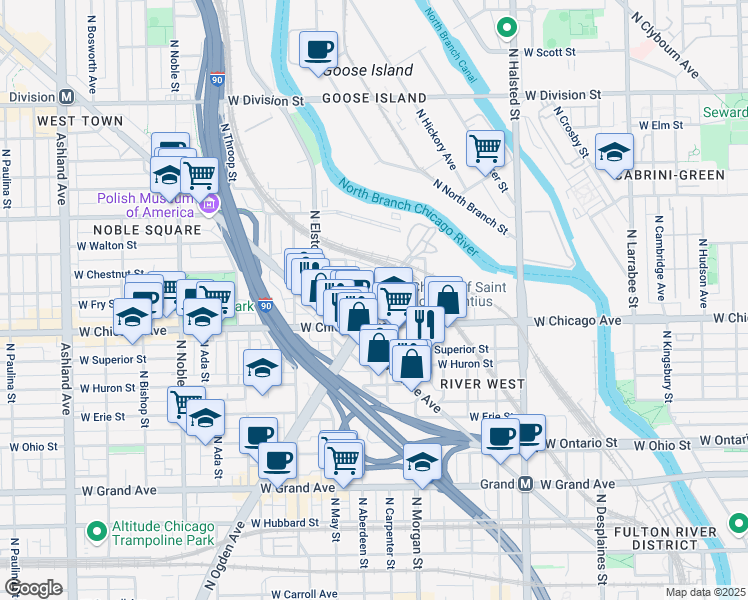 map of restaurants, bars, coffee shops, grocery stores, and more near 1030 West Chicago Avenue in Chicago