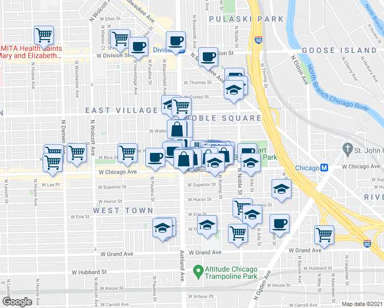 map of restaurants, bars, coffee shops, grocery stores, and more near 1522 West Chicago Avenue in Chicago