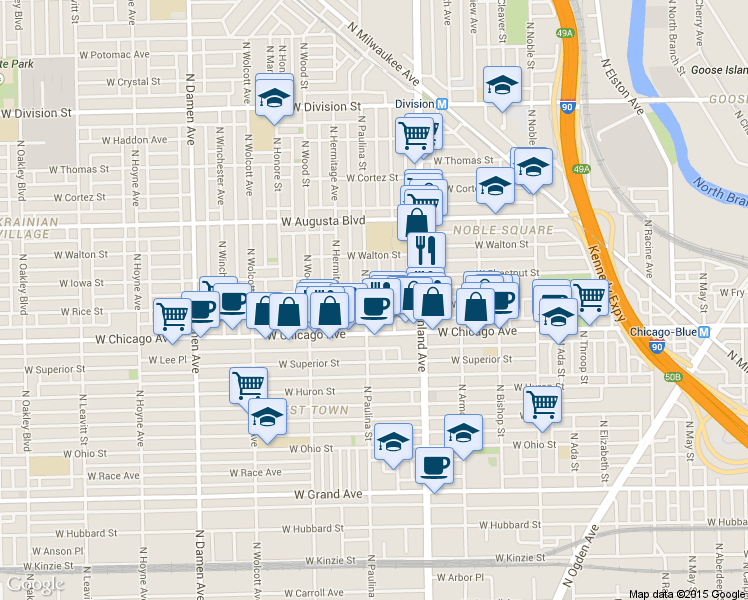 map of restaurants, bars, coffee shops, grocery stores, and more near in Chicago