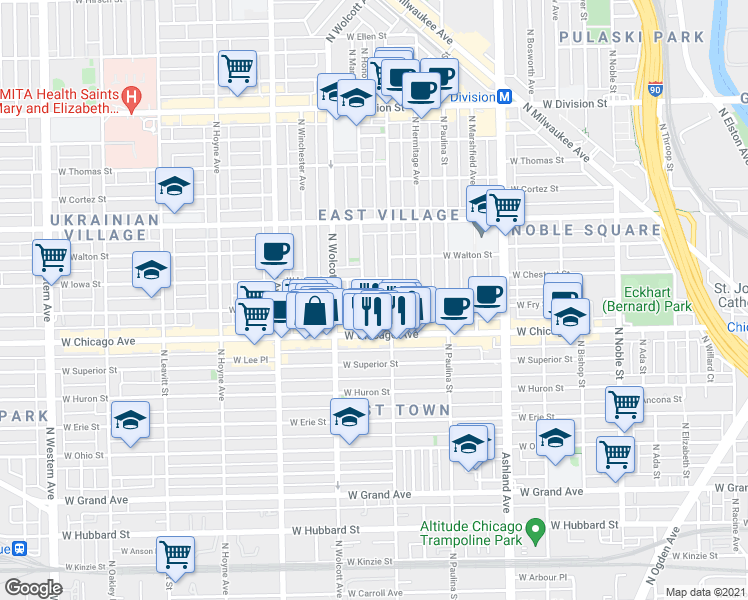 map of restaurants, bars, coffee shops, grocery stores, and more near 1812 West Chicago Avenue in Chicago
