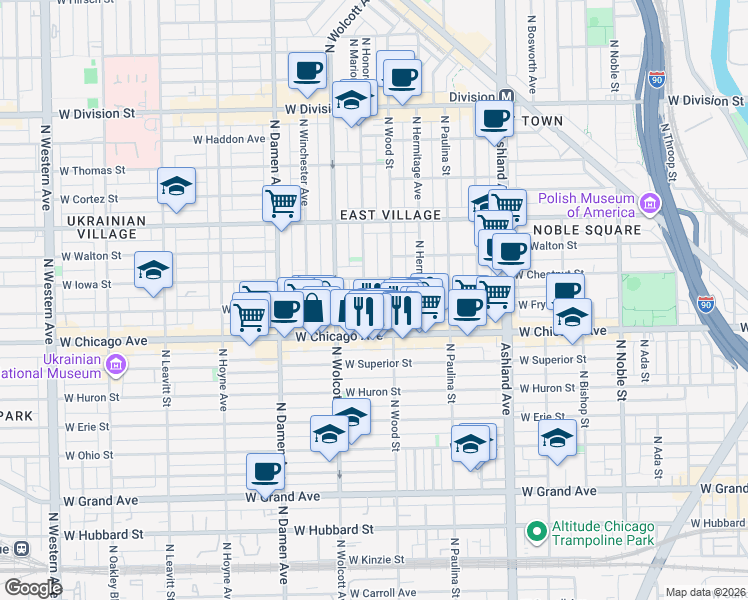 map of restaurants, bars, coffee shops, grocery stores, and more near 1843 West Rice Street in Chicago