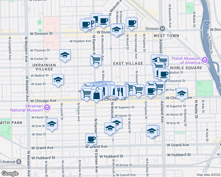 map of restaurants, bars, coffee shops, grocery stores, and more near 838 North Wolcott Avenue in Chicago