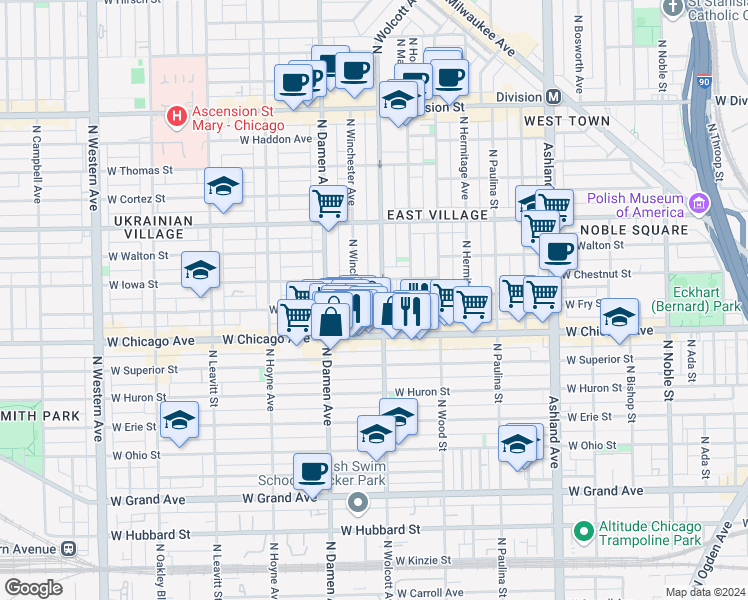 map of restaurants, bars, coffee shops, grocery stores, and more near 820 North Wolcott Avenue in Chicago