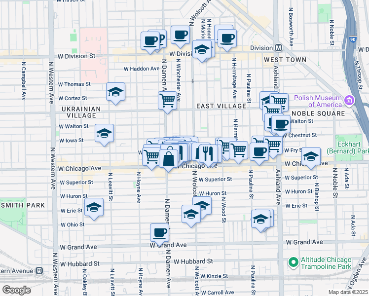 map of restaurants, bars, coffee shops, grocery stores, and more near 820 North Wolcott Avenue in Chicago