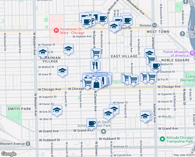 map of restaurants, bars, coffee shops, grocery stores, and more near 818 North Winchester Avenue in Chicago