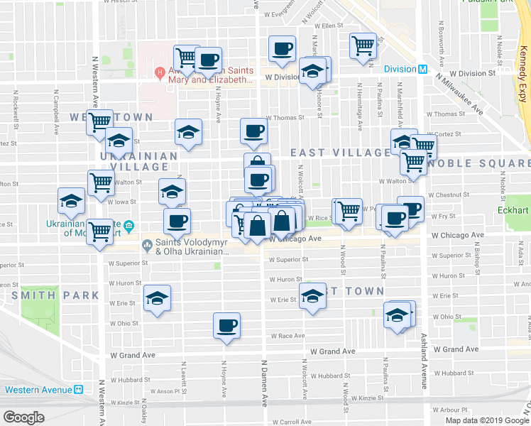map of restaurants, bars, coffee shops, grocery stores, and more near 818 North Winchester Avenue in Chicago