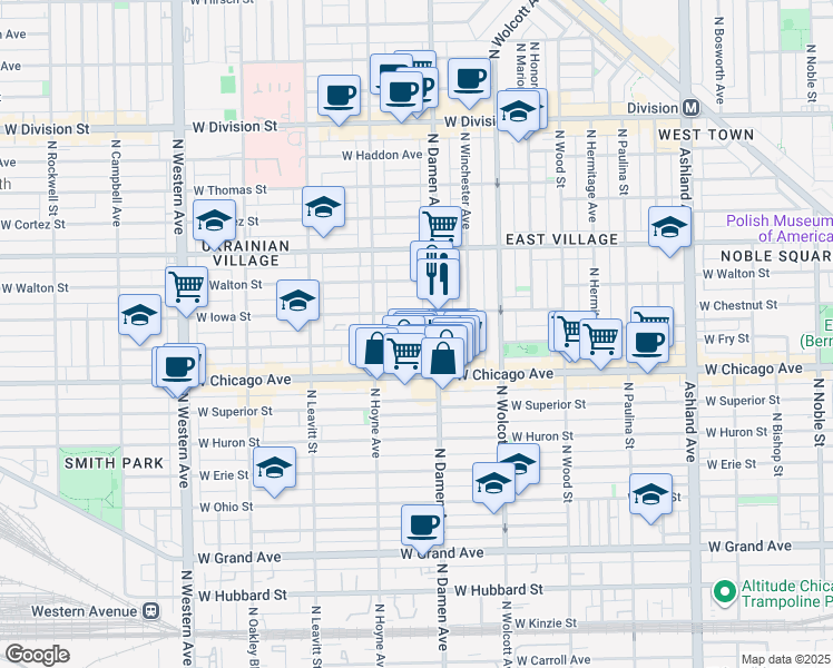 map of restaurants, bars, coffee shops, grocery stores, and more near 2023 West Rice Street in Chicago