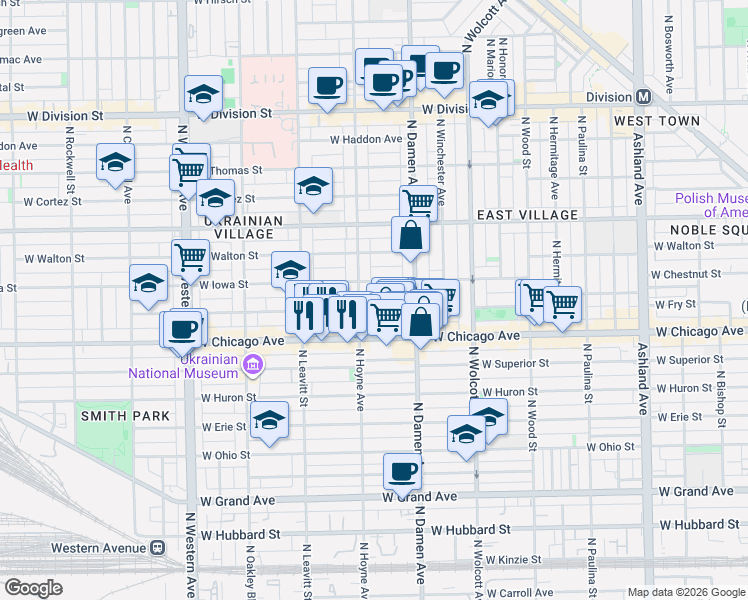 map of restaurants, bars, coffee shops, grocery stores, and more near in Chicago