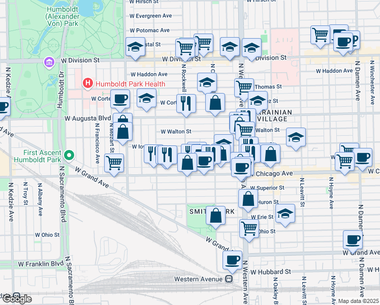 map of restaurants, bars, coffee shops, grocery stores, and more near 825 North Rockwell Street in Chicago