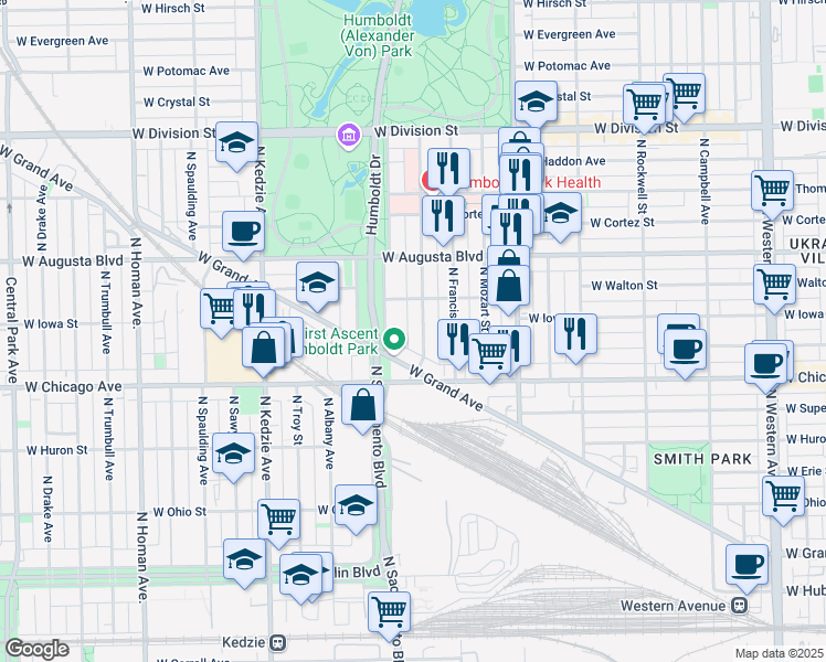 map of restaurants, bars, coffee shops, grocery stores, and more near 828 North Richmond Street in Chicago