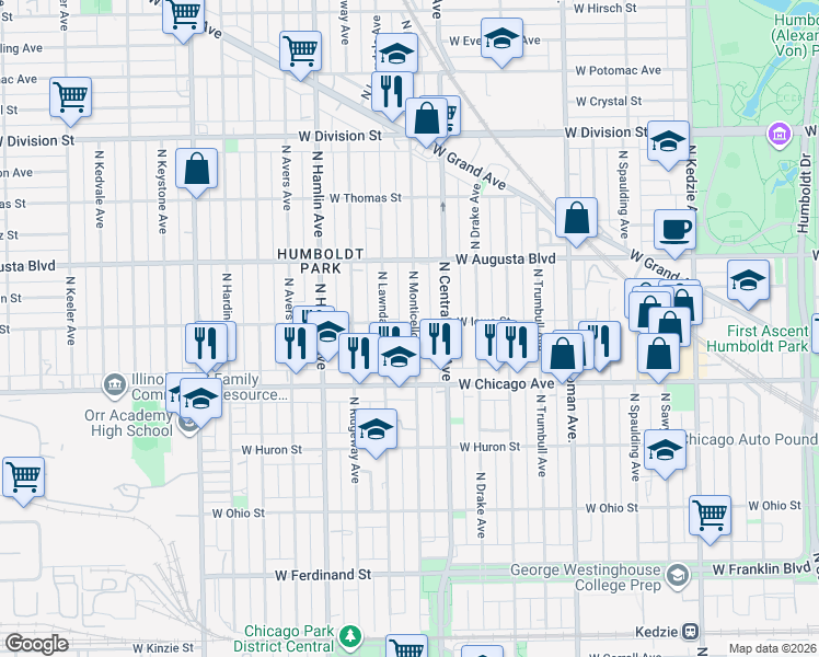 map of restaurants, bars, coffee shops, grocery stores, and more near 835 North Lawndale Avenue in Chicago