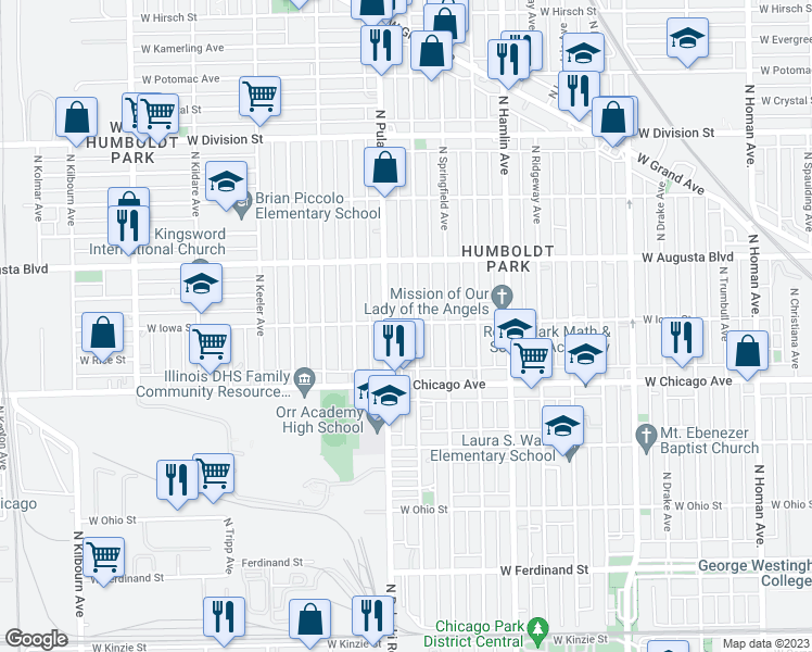 map of restaurants, bars, coffee shops, grocery stores, and more near 837 North Pulaski Road in Chicago