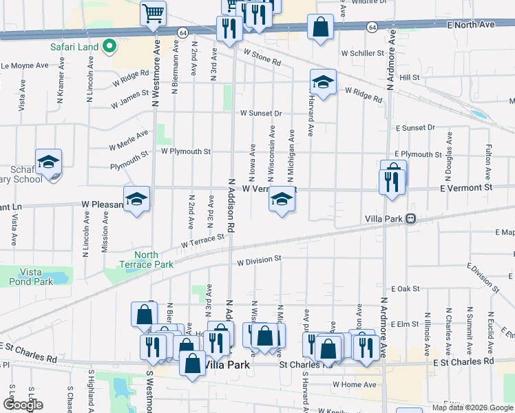map of restaurants, bars, coffee shops, grocery stores, and more near 355 North Iowa Avenue in Villa Park