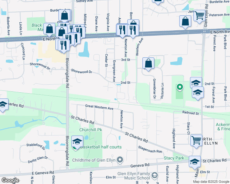 map of restaurants, bars, coffee shops, grocery stores, and more near 1000 Windsong Circle in Glendale Heights