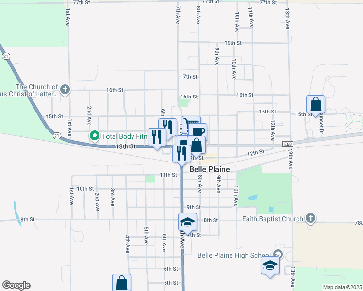 map of restaurants, bars, coffee shops, grocery stores, and more near 1206 7th Avenue in Belle Plaine