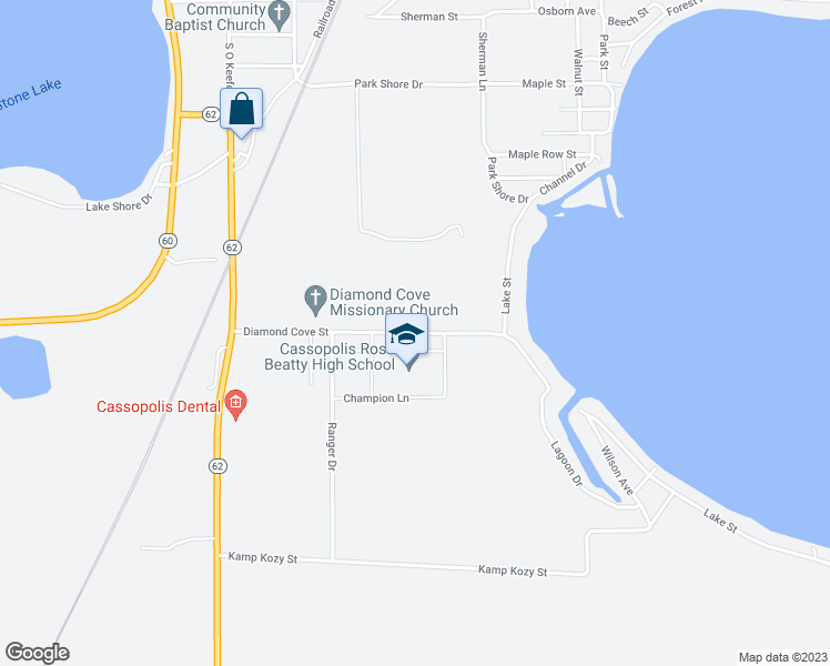 map of restaurants, bars, coffee shops, grocery stores, and more near 22579 Diamond Cove Street in Cassopolis