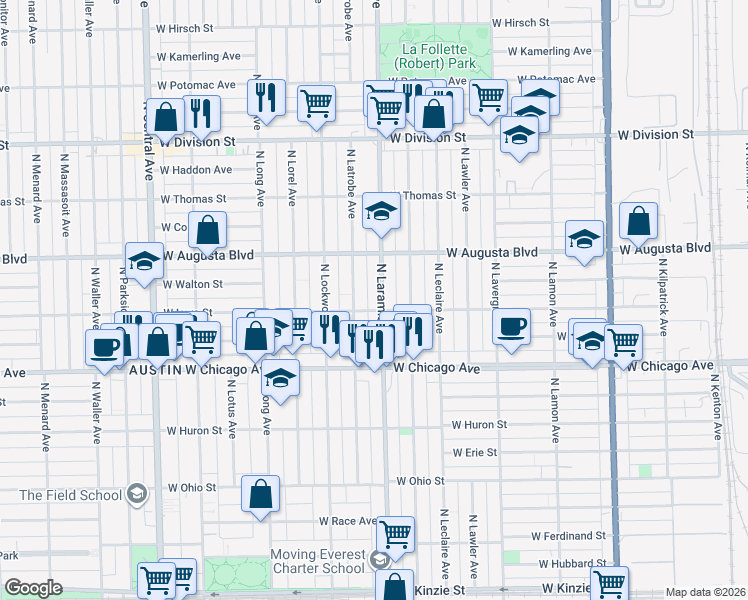 map of restaurants, bars, coffee shops, grocery stores, and more near 852 North Laramie Avenue in Chicago