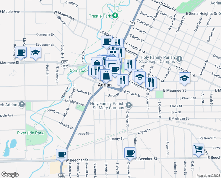 map of restaurants, bars, coffee shops, grocery stores, and more near 126 East Church Street in Adrian