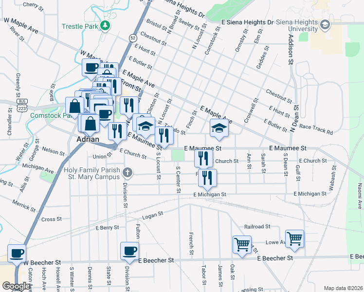 map of restaurants, bars, coffee shops, grocery stores, and more near 109 Park Place East in Adrian