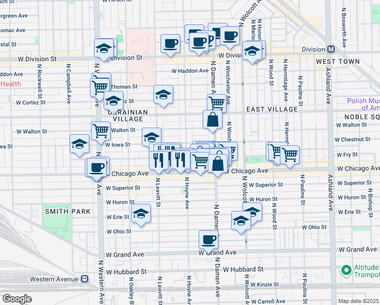 map of restaurants, bars, coffee shops, grocery stores, and more near 843 North Hoyne Avenue in Chicago