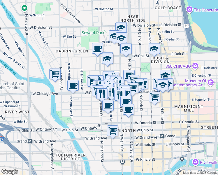 map of restaurants, bars, coffee shops, grocery stores, and more near in Chicago