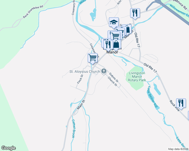 map of restaurants, bars, coffee shops, grocery stores, and more near 20 Spring Street in Livingston Manor