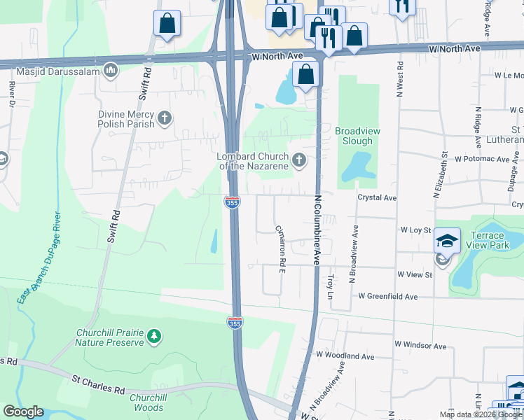 map of restaurants, bars, coffee shops, grocery stores, and more near 342 Buckingham Court in Lombard