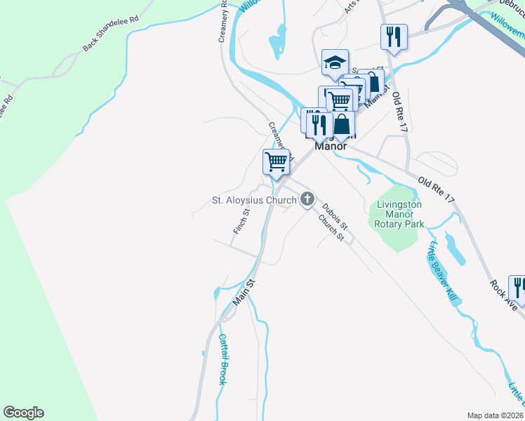 map of restaurants, bars, coffee shops, grocery stores, and more near 120 Main Street in Livingston Manor
