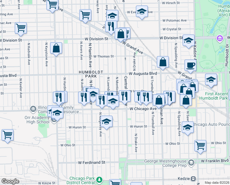map of restaurants, bars, coffee shops, grocery stores, and more near 835 North Lawndale Avenue in Chicago