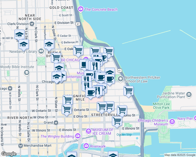 map of restaurants, bars, coffee shops, grocery stores, and more near 220 East Chicago Avenue in Chicago
