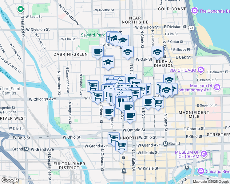 map of restaurants, bars, coffee shops, grocery stores, and more near 213 West Institute Place in Chicago
