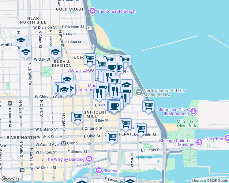 map of restaurants, bars, coffee shops, grocery stores, and more near 220 East Chicago Avenue in Chicago