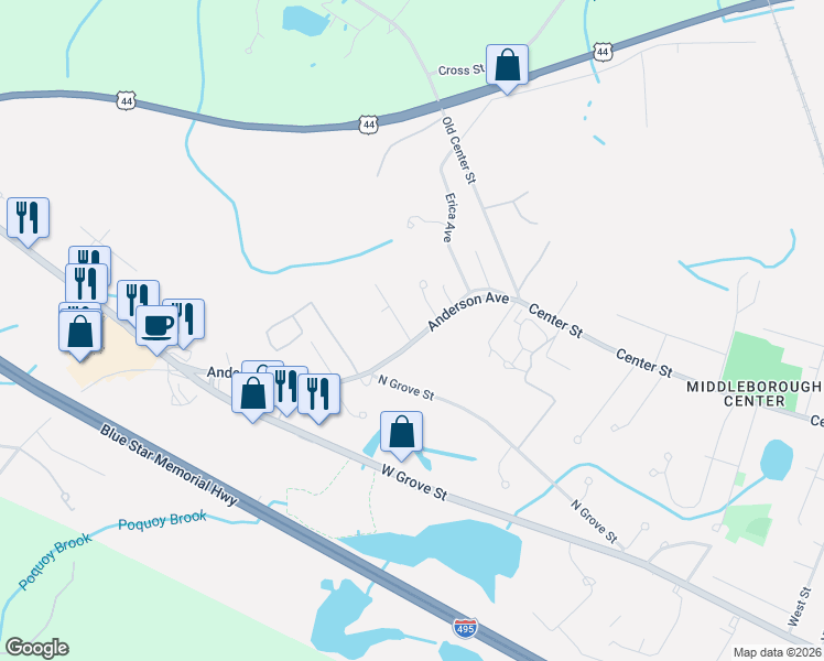 map of restaurants, bars, coffee shops, grocery stores, and more near 14 Anderson Avenue in Middleborough