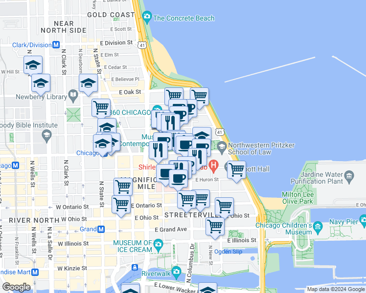 map of restaurants, bars, coffee shops, grocery stores, and more near 245 East Chicago Avenue in Chicago