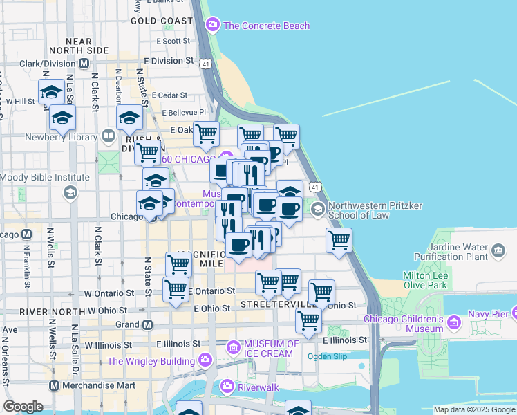map of restaurants, bars, coffee shops, grocery stores, and more near 245 East Chicago Avenue in Chicago