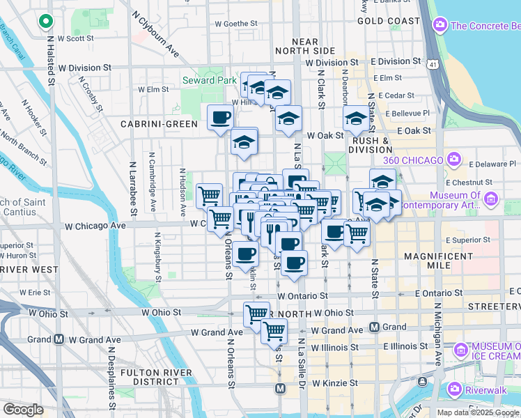 map of restaurants, bars, coffee shops, grocery stores, and more near 201 West Chicago Avenue in Chicago