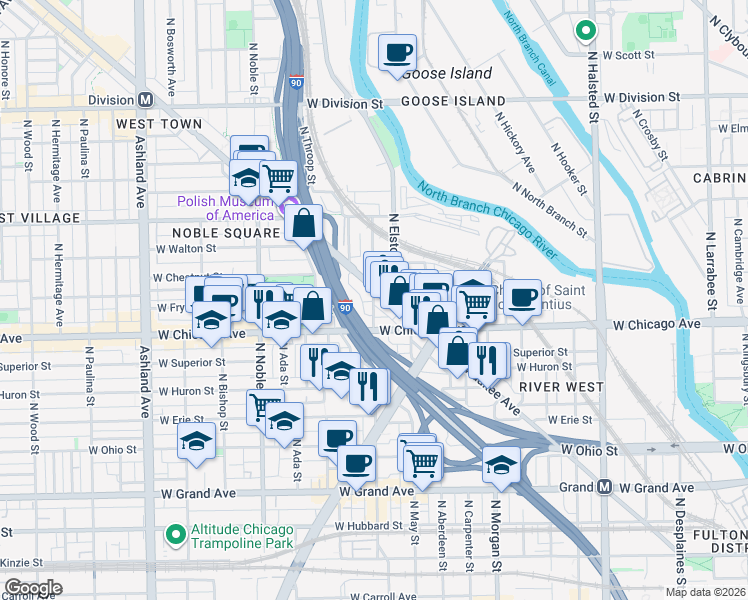 map of restaurants, bars, coffee shops, grocery stores, and more near 1148 West Chicago Avenue in Chicago