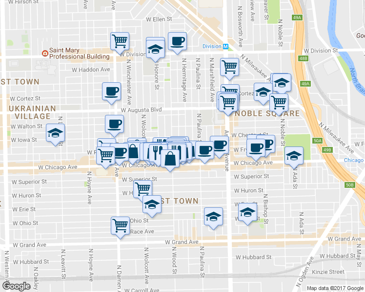 map of restaurants, bars, coffee shops, grocery stores, and more near 817 North Wood Street in Chicago