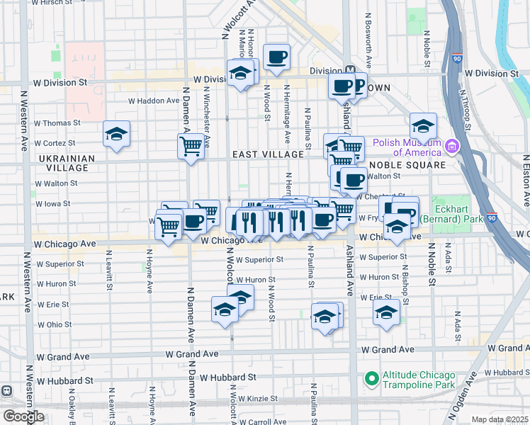 map of restaurants, bars, coffee shops, grocery stores, and more near 817 North Wood Street in Chicago