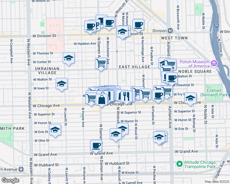 map of restaurants, bars, coffee shops, grocery stores, and more near 820 North Wolcott Avenue in Chicago
