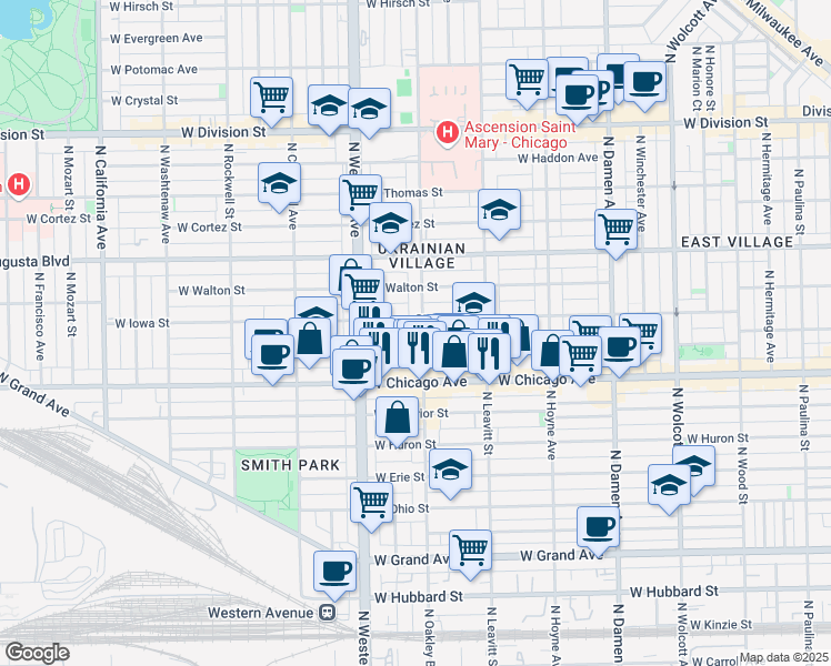 map of restaurants, bars, coffee shops, grocery stores, and more near 821 North Oakley Boulevard in Chicago
