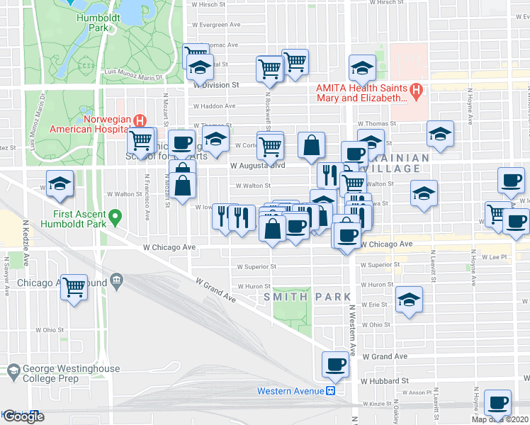 map of restaurants, bars, coffee shops, grocery stores, and more near 825 North Rockwell Street in Chicago