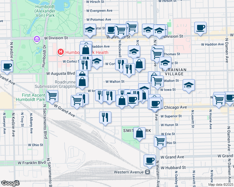 map of restaurants, bars, coffee shops, grocery stores, and more near 2629 West Rice Street in Chicago