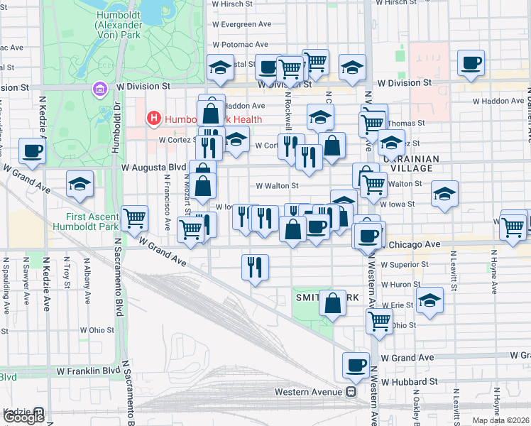 map of restaurants, bars, coffee shops, grocery stores, and more near 2629 West Rice Street in Chicago