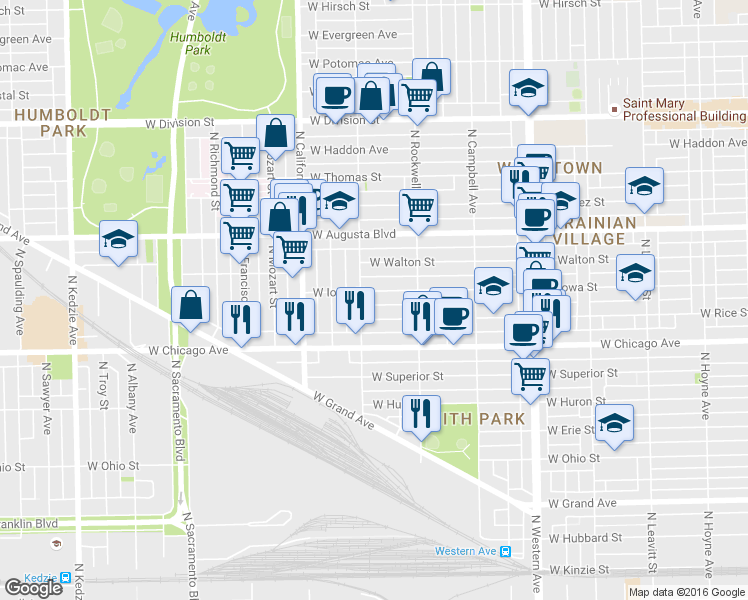 map of restaurants, bars, coffee shops, grocery stores, and more near 2629 West Rice Street in Chicago