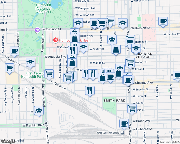 map of restaurants, bars, coffee shops, grocery stores, and more near 822 North Washtenaw Avenue in Chicago