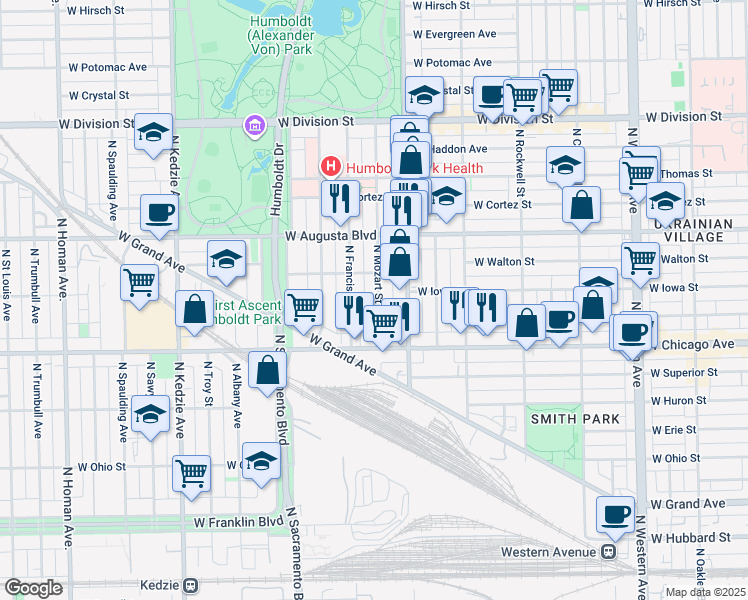 map of restaurants, bars, coffee shops, grocery stores, and more near 827 North Mozart Street in Chicago