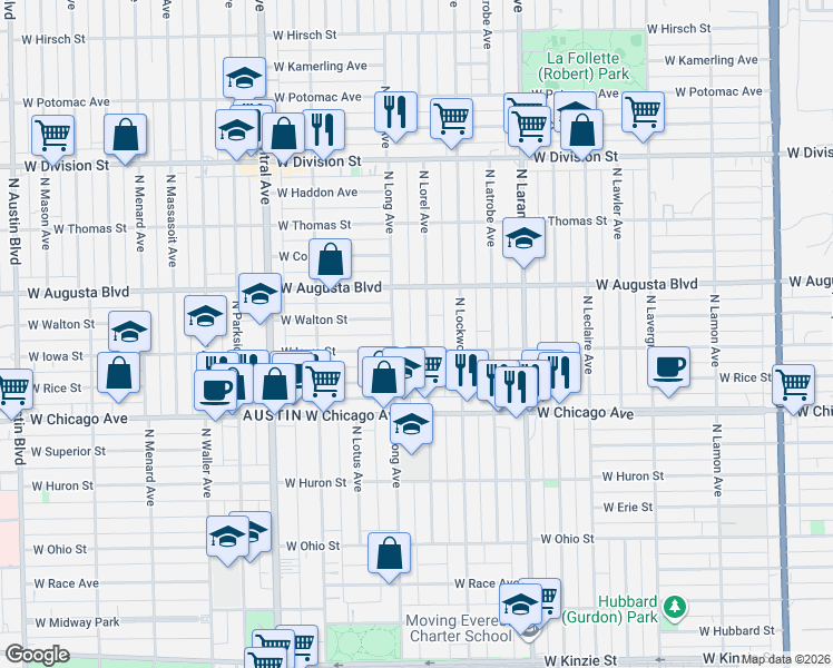 map of restaurants, bars, coffee shops, grocery stores, and more near 5361 West Iowa Street in Chicago